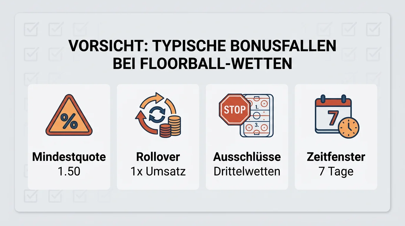 Vier häufige Bonusfallen bei Floorball Kombiwetten – Mindestquoten, Rollover, Ausschlüsse und Zeitfenster erklärt