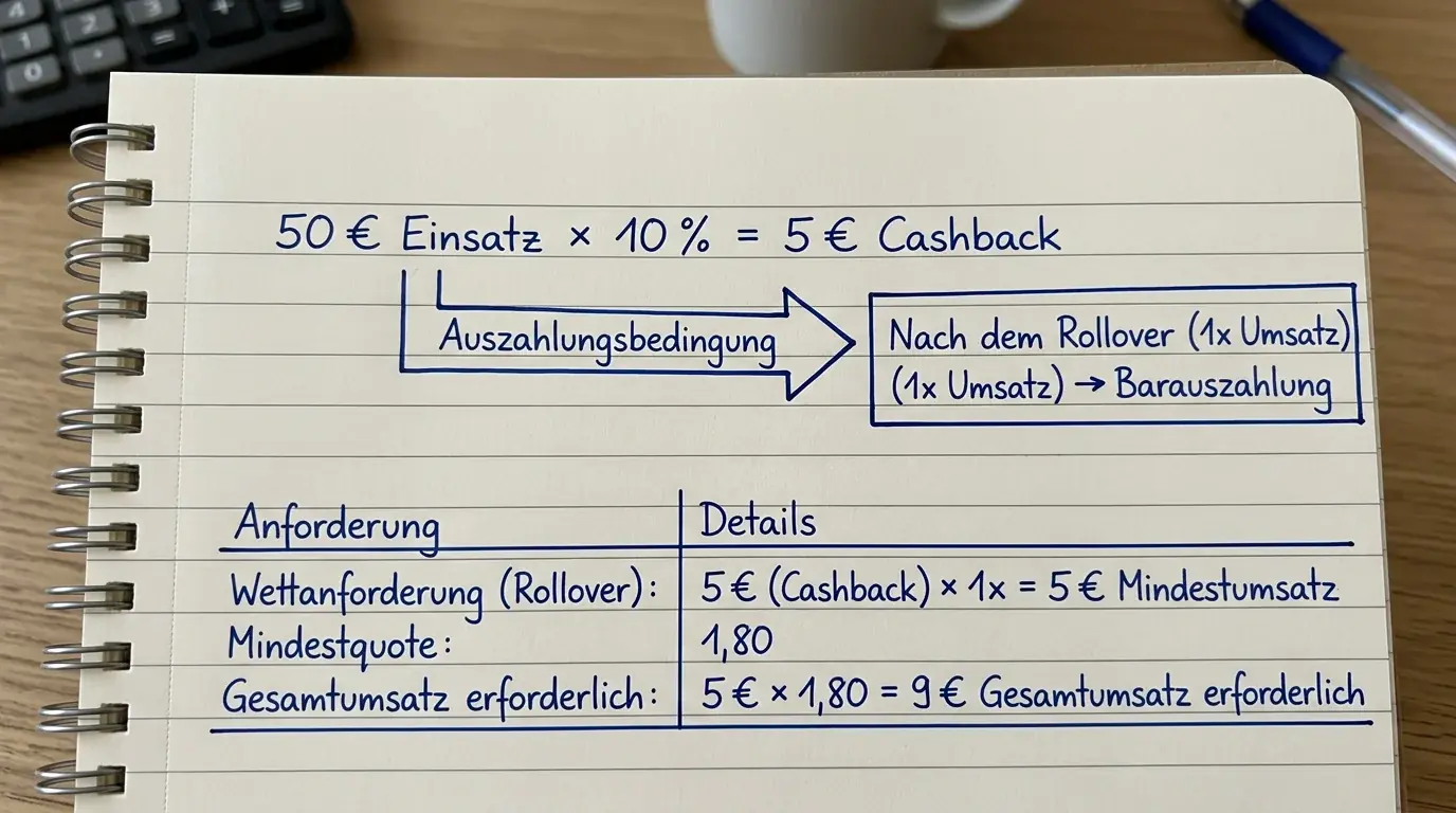 Berechnung der tatsächlichen Cashback Auszahlung für Floorball Kombinationen nach Rollover und Bedingungen