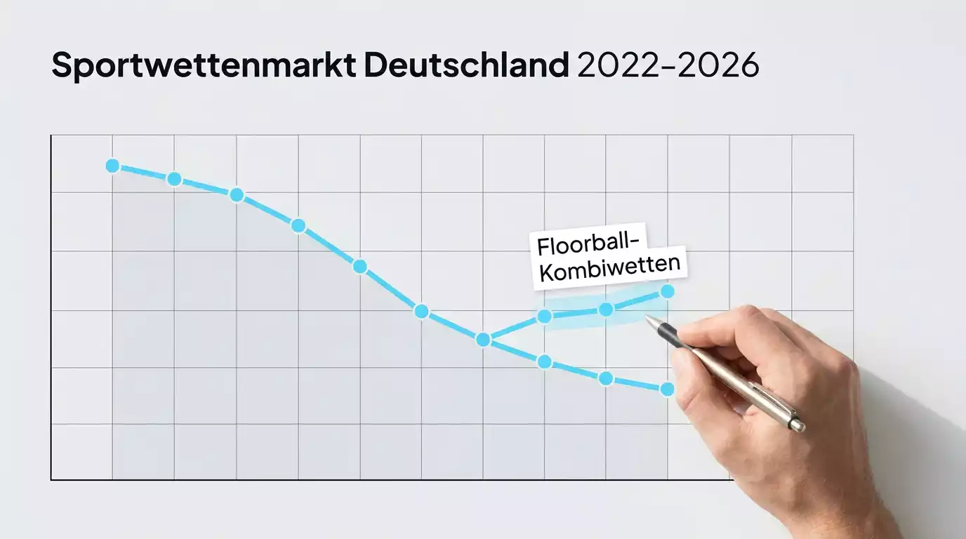 Grafik zum deutschen Sportwettenmarkt 2026 mit Floorball-Kombiwetten als Nischensegment und Marktvolumen-Entwicklung