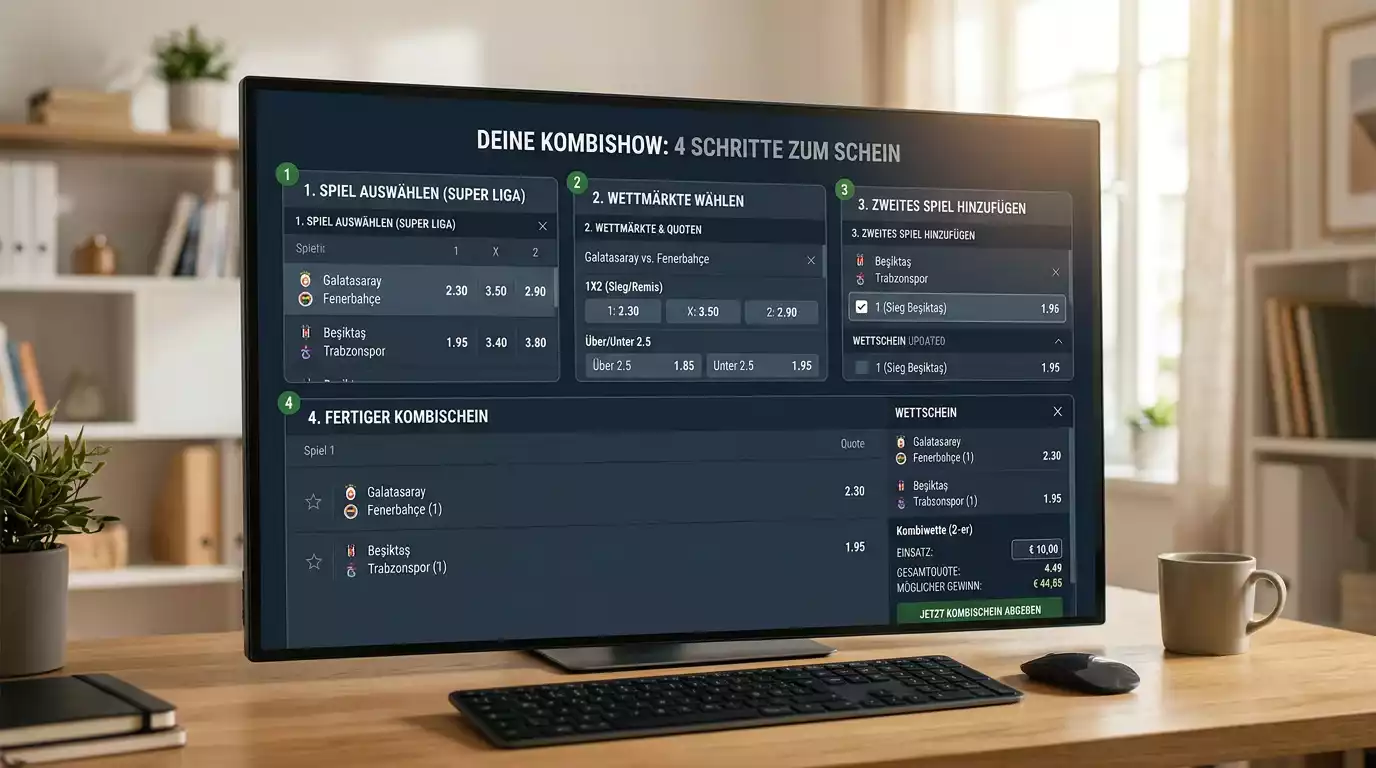 Schritt-für-Schritt-Aufbau eines Floorball-Kombischeins mit zwei Auswahlen auf einem digitalen Wettschein