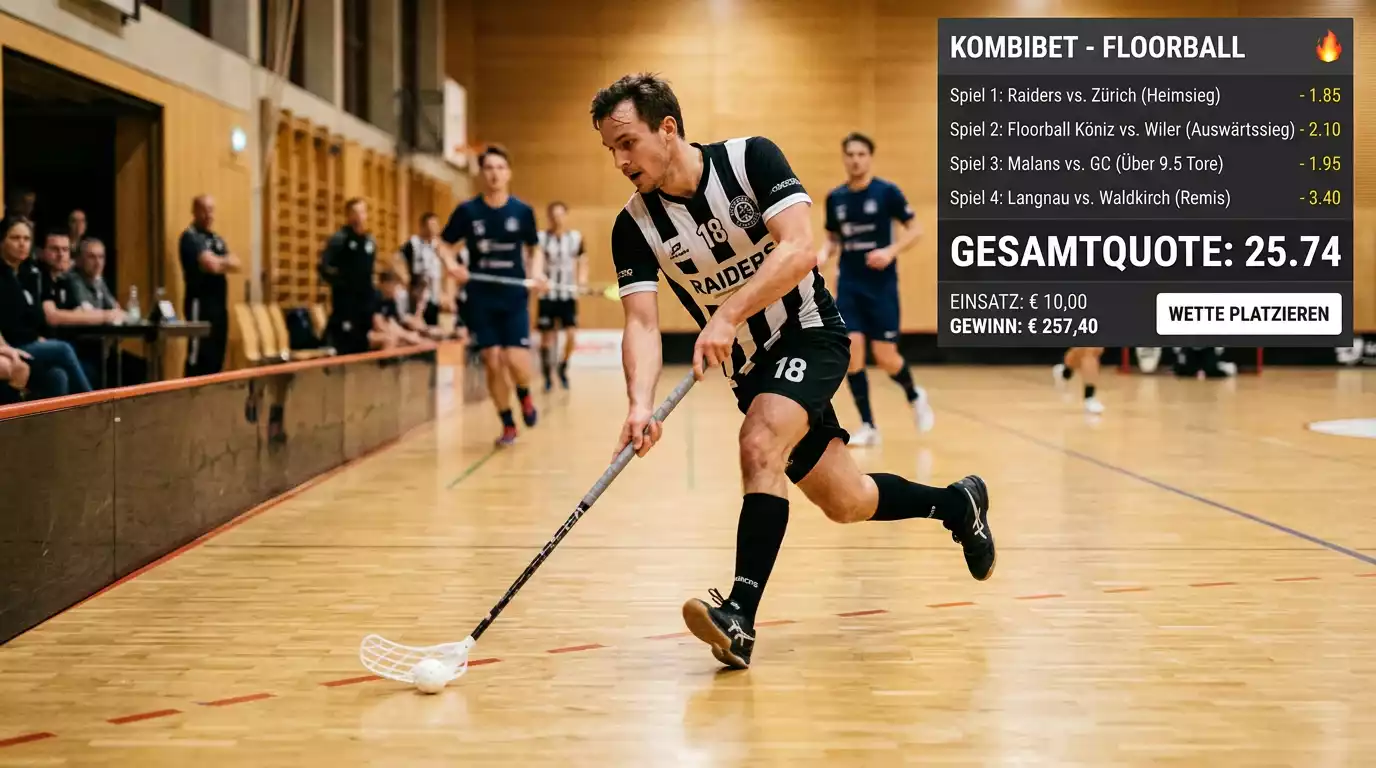 Floorball Kombiwetten Leitfaden – Wettschein mit mehreren Floorball-Auswahlen und Quotenmultiplikation auf dem Bildschirm